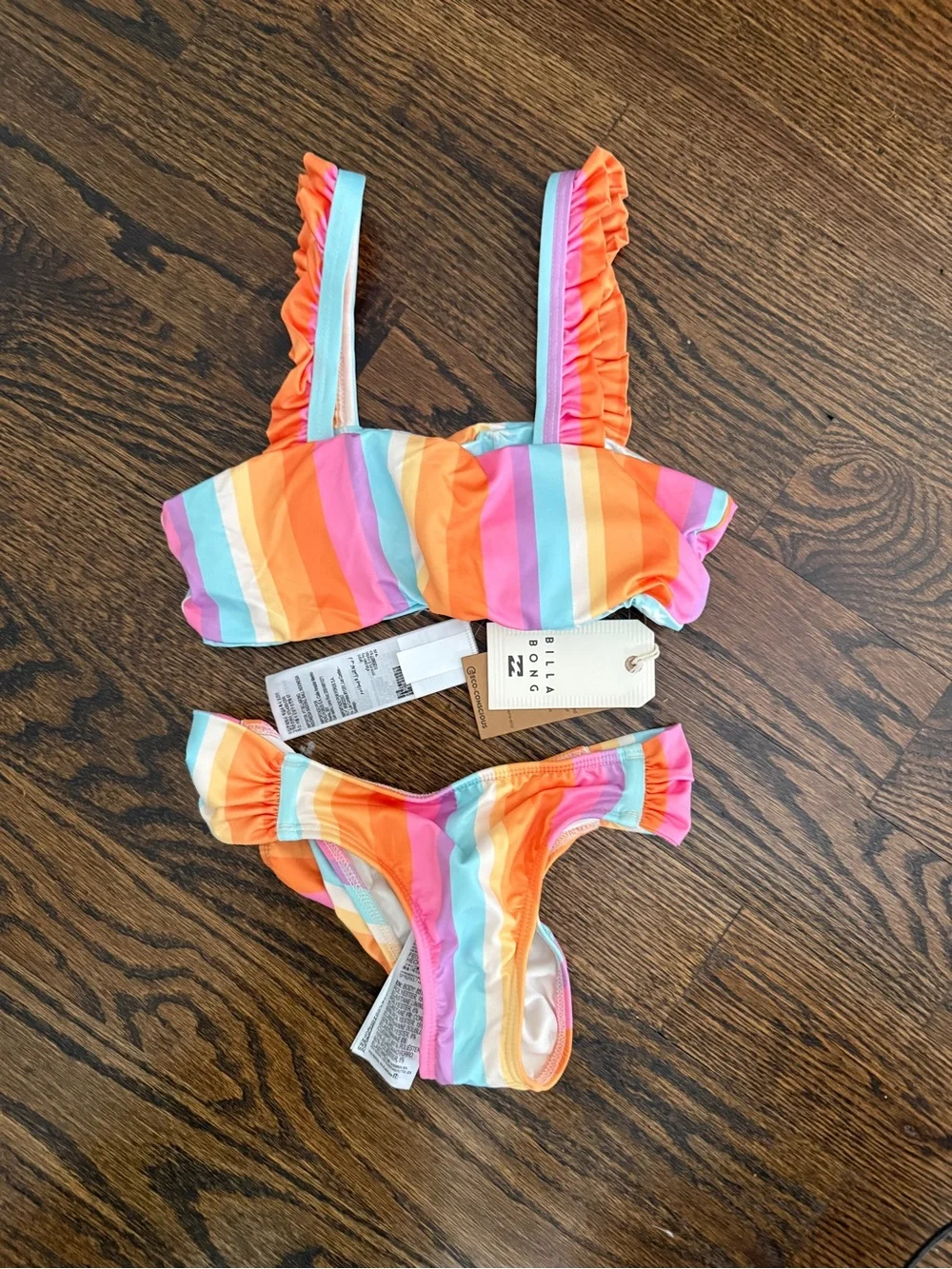 Girls' Multicolor Stripe Ruffle Strap Bikini Set Sz 12